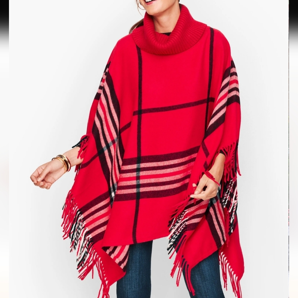 Talbots Red Plaid Fringed Poncho size M/L